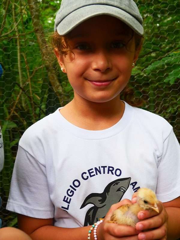 Niños conociendo las aves de corral en finca Frutesol